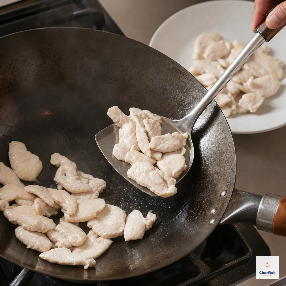 A wok spatula lifts pale moist chicken breast slices from a hot carbon-steel wok as soon as all visible pink disappears, with the first slices already on a clean plate