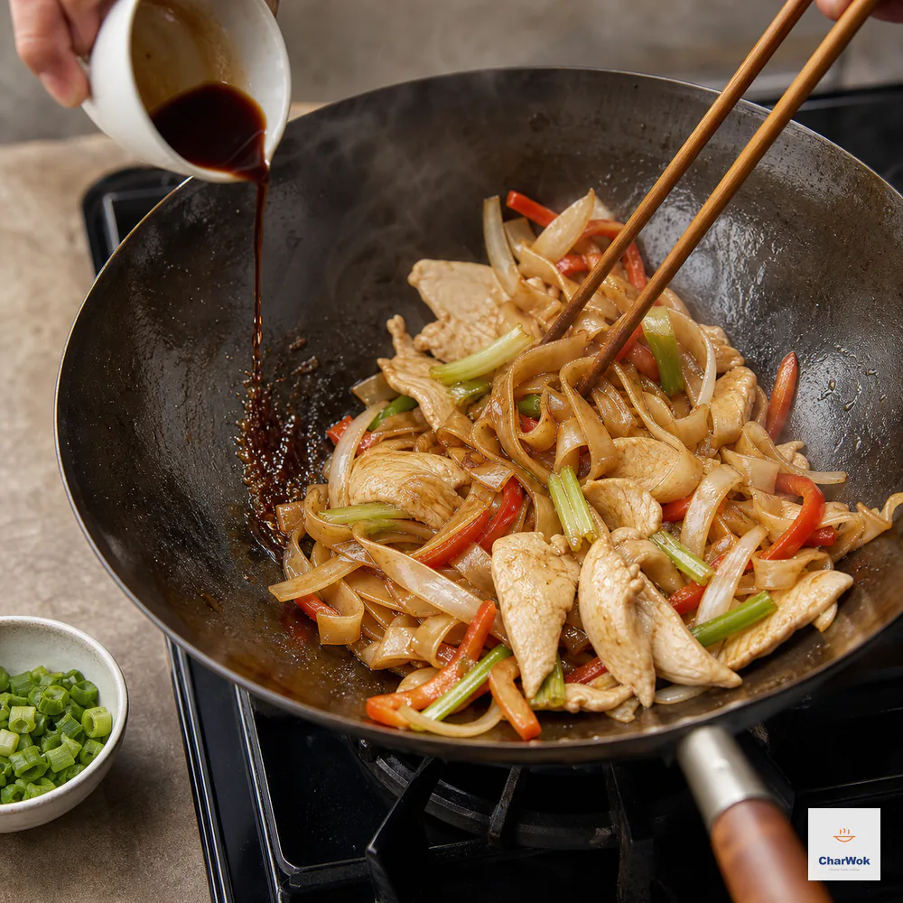 A thin soy stream hits exposed hot wok metal beside intact amber noodles, moist chicken, onion, red bell pepper, and celery while chopped scallion waits nearby