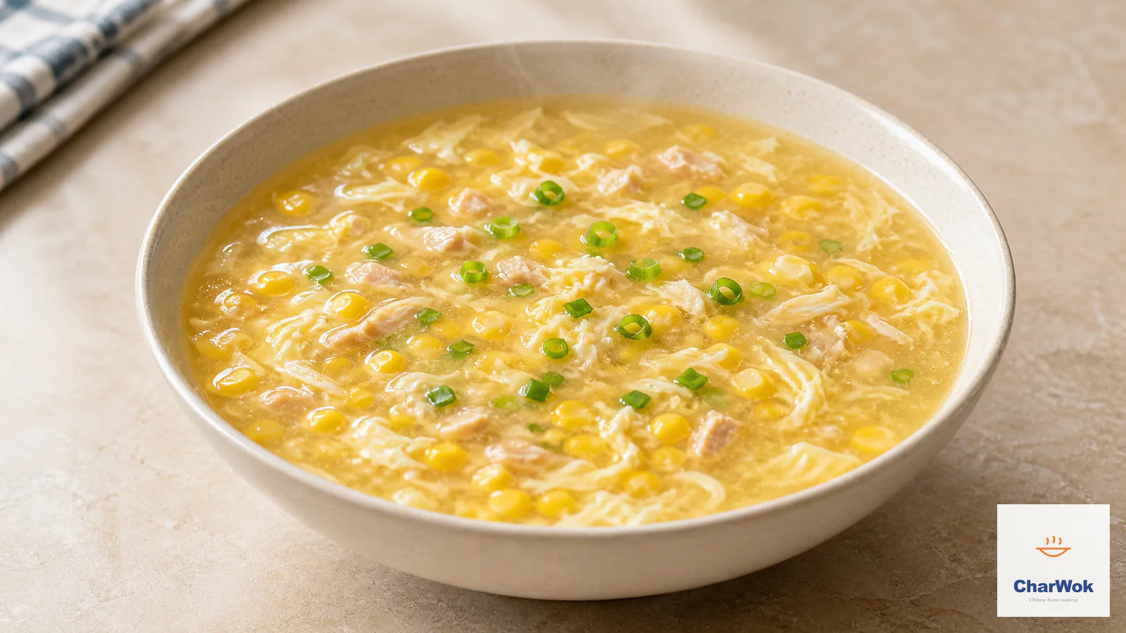 A warm ivory bowl of glossy pale-golden Chinese chicken corn soup with whole and crushed sweet corn, tiny tender chicken pieces, delicate egg ribbons, and finely chopped scallion