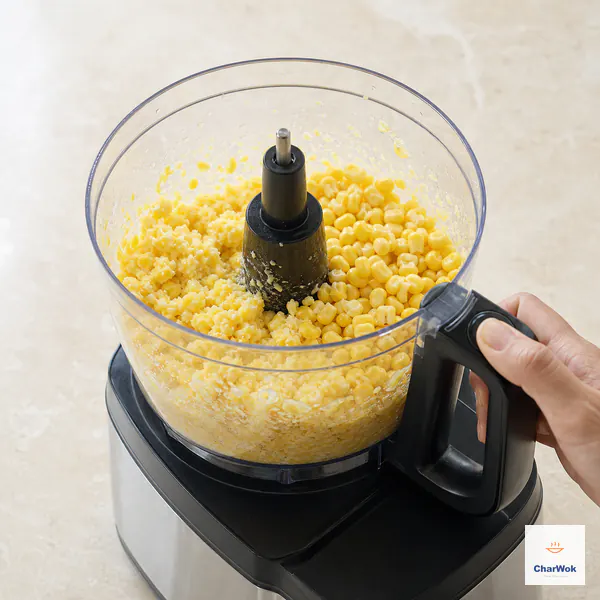 A food processor bowl holds sweet corn with roughly half the kernels coarsely crushed into a lumpy milky mash and half still intact