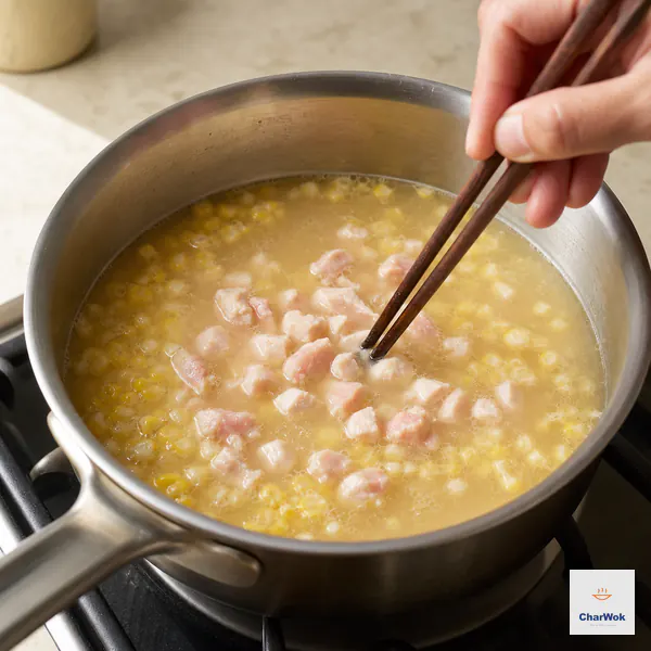 Wooden chopsticks separate tiny marinated chicken pieces in gently simmering corn and stock while a thin-tip thermometer checks one of the largest pieces at 165°F (74°C)