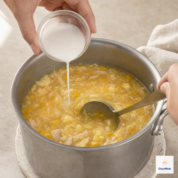 A thin white cornstarch slurry streams into chicken corn soup after the egg ribbons have formed while a spoon stirs the broth to a light gloss