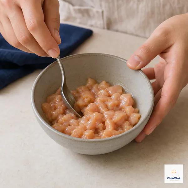 A spoon mixes corn-kernel-size raw chicken breast pieces with a thin glossy coating of light soy, cornstarch, and water in a ceramic bowl