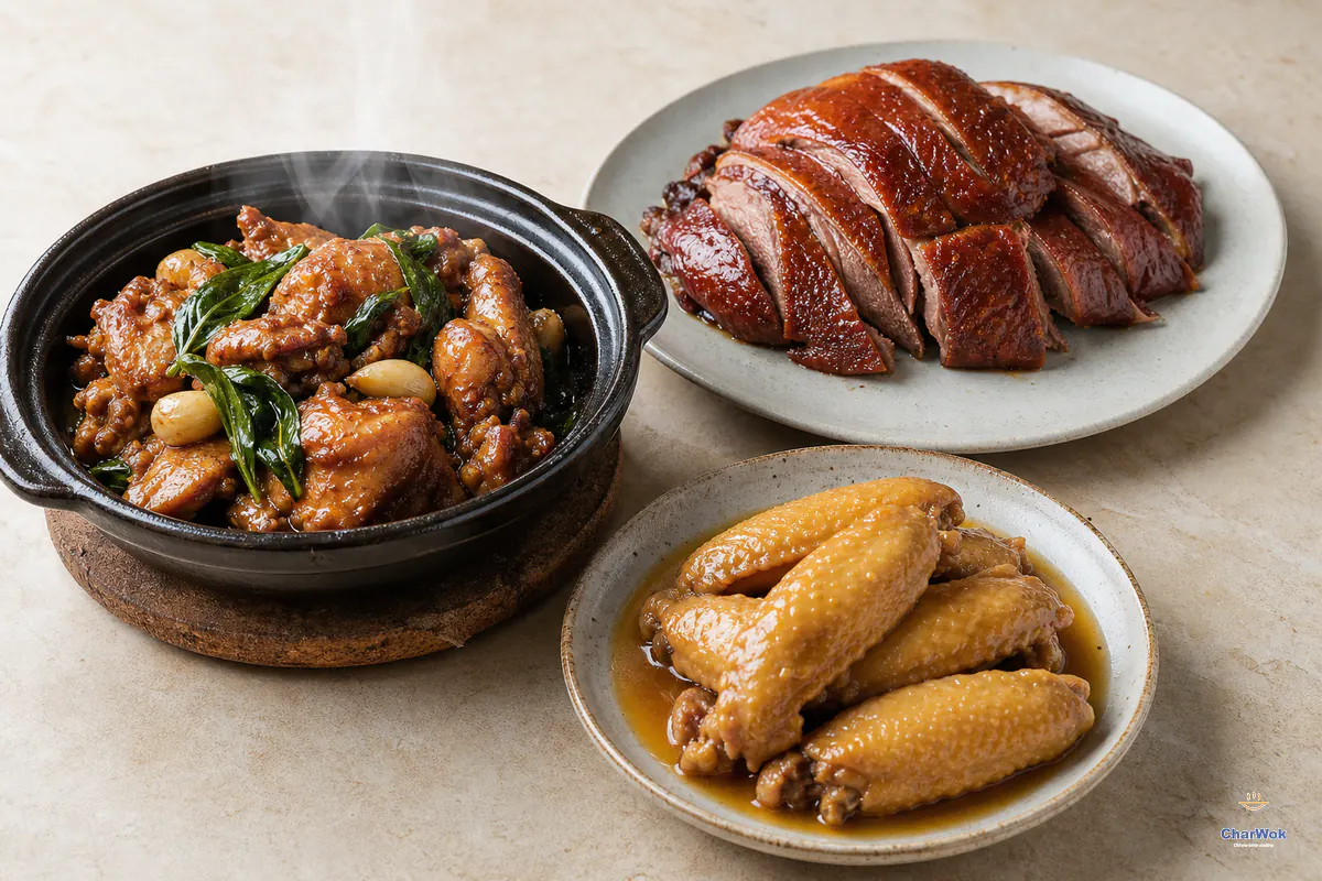 Three Chinese poultry dishes: three cup chicken, sliced smoked duck and soy-braised chicken wings