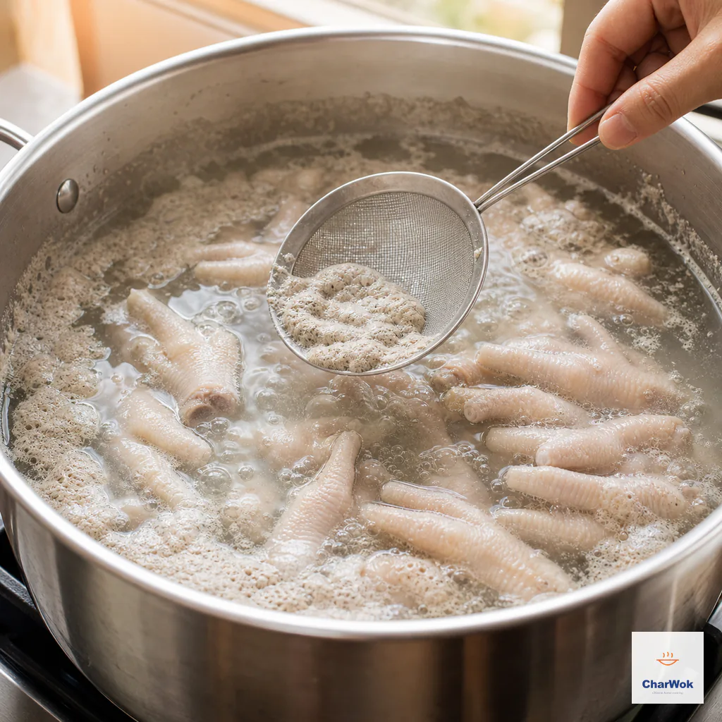 Trimmed pale chicken feet simmer gently in a pot while a fine skimmer lifts grey foam from the surface