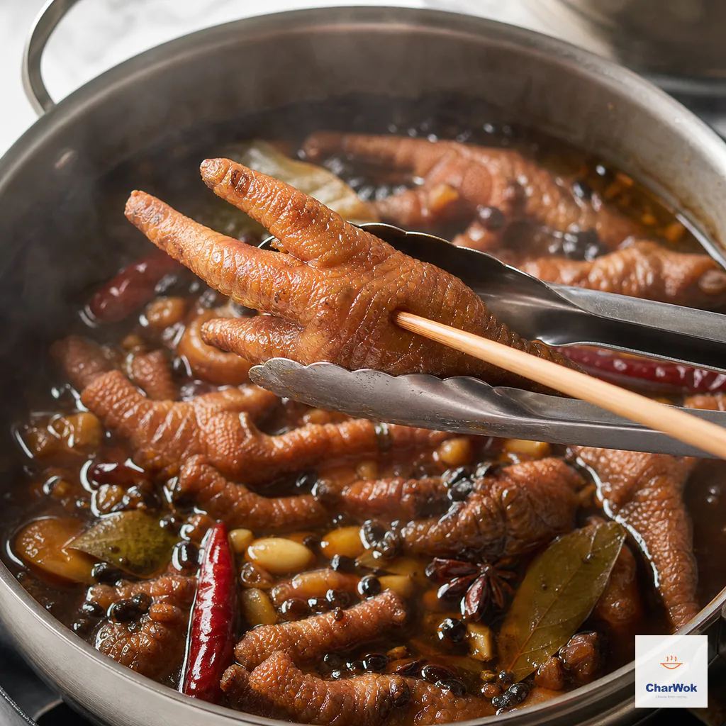 Tongs lift an intact braised chicken foot above fluid dark sauce while a chopstick passes easily through the soft semi-translucent palm pad