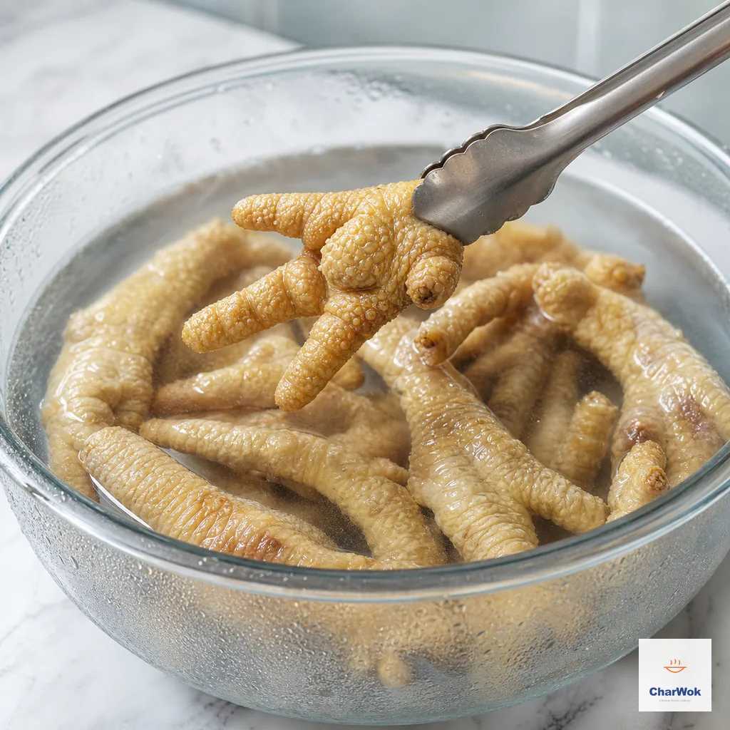 Deeply wrinkled pale-golden chicken feet chill in a clear bowl of cold water while one foot is lifted to show its puffed skin