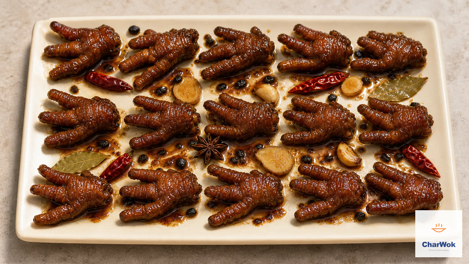 Exactly fifteen Cantonese dim sum chicken feet arranged in three rows of five, coated in a glossy dark fermented-black-bean glaze with garlic, ginger, and dried chili