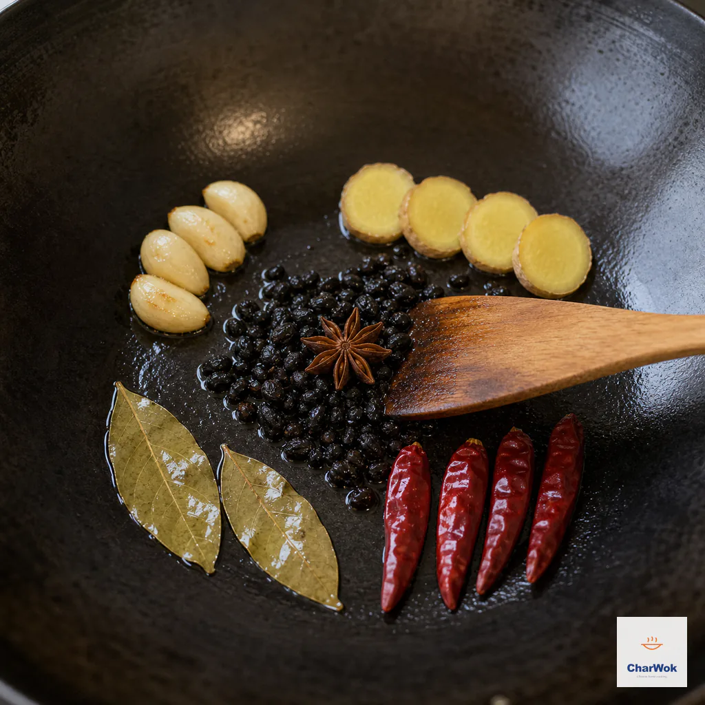 Four garlic cloves, four ginger slices, one star anise, two bay leaves, four dried chilies, and fermented black beans fry gently in oil as the garlic turns pale gold