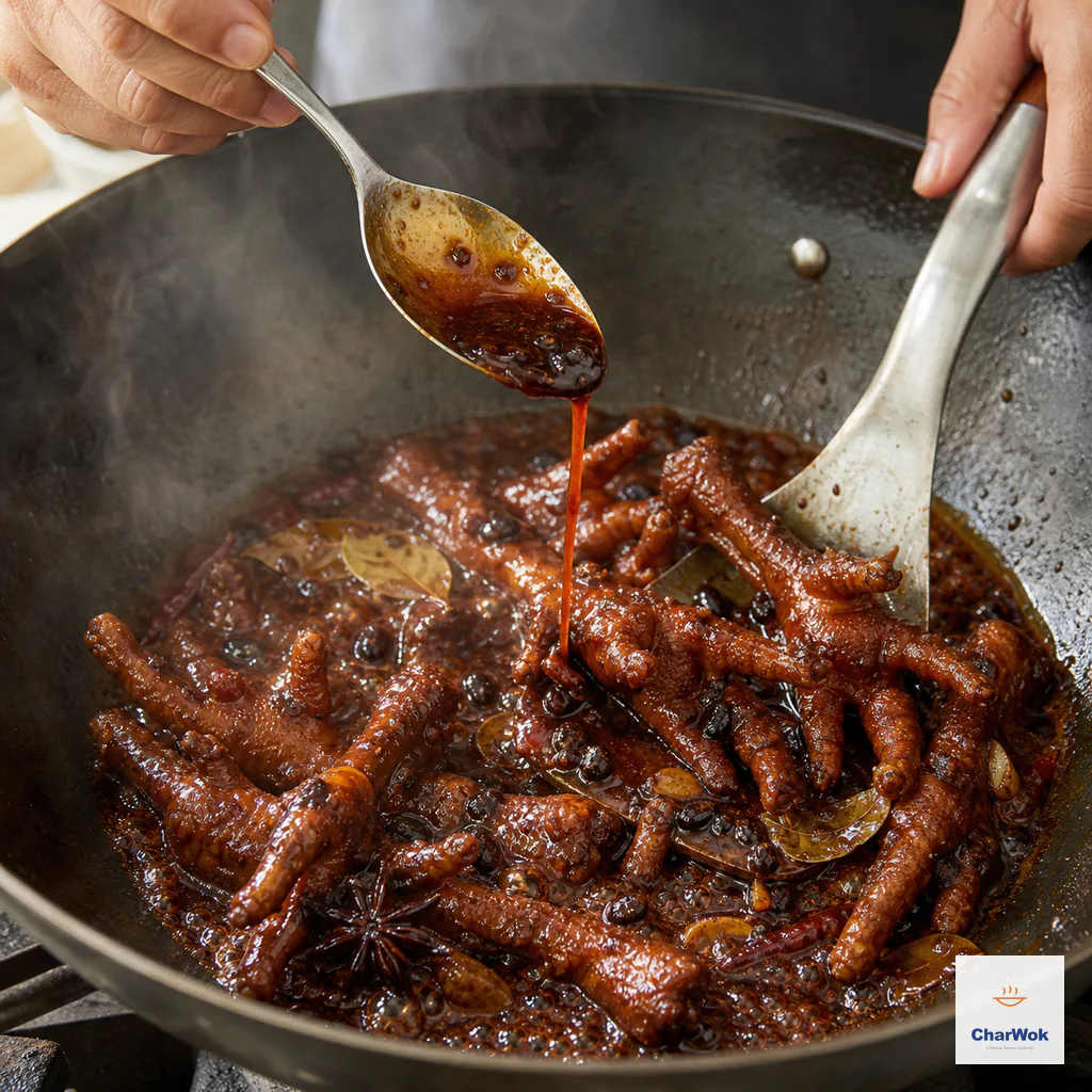 Chicken feet bubble vigorously in a reduced black-bean sauce while a spoon lifts a glossy coating that falls back in a slow ribbon