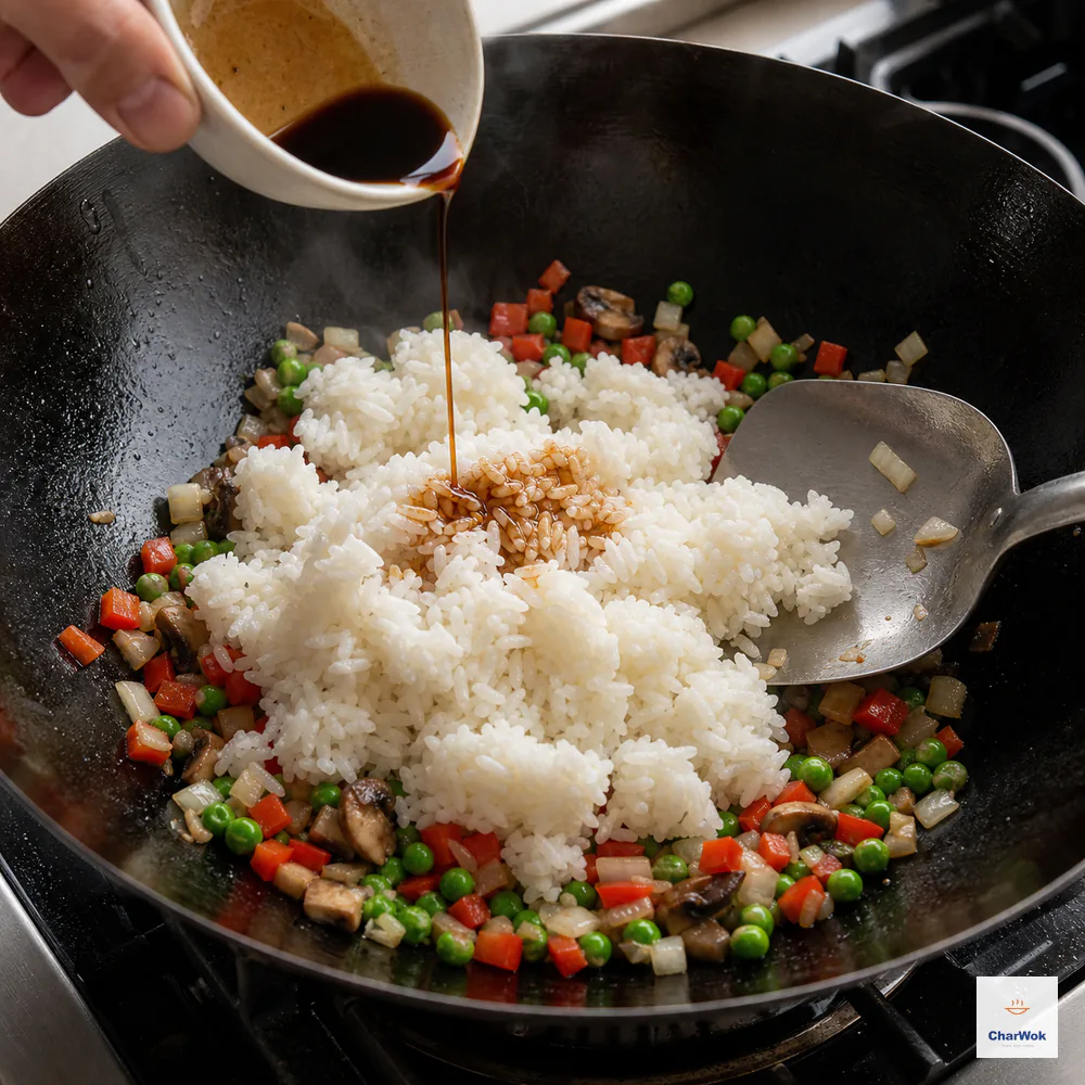 A thin brown seasoning stream lands directly on cold jasmine rice above bright diced vegetables while a metal spatula waits to break apart the loose clumps
