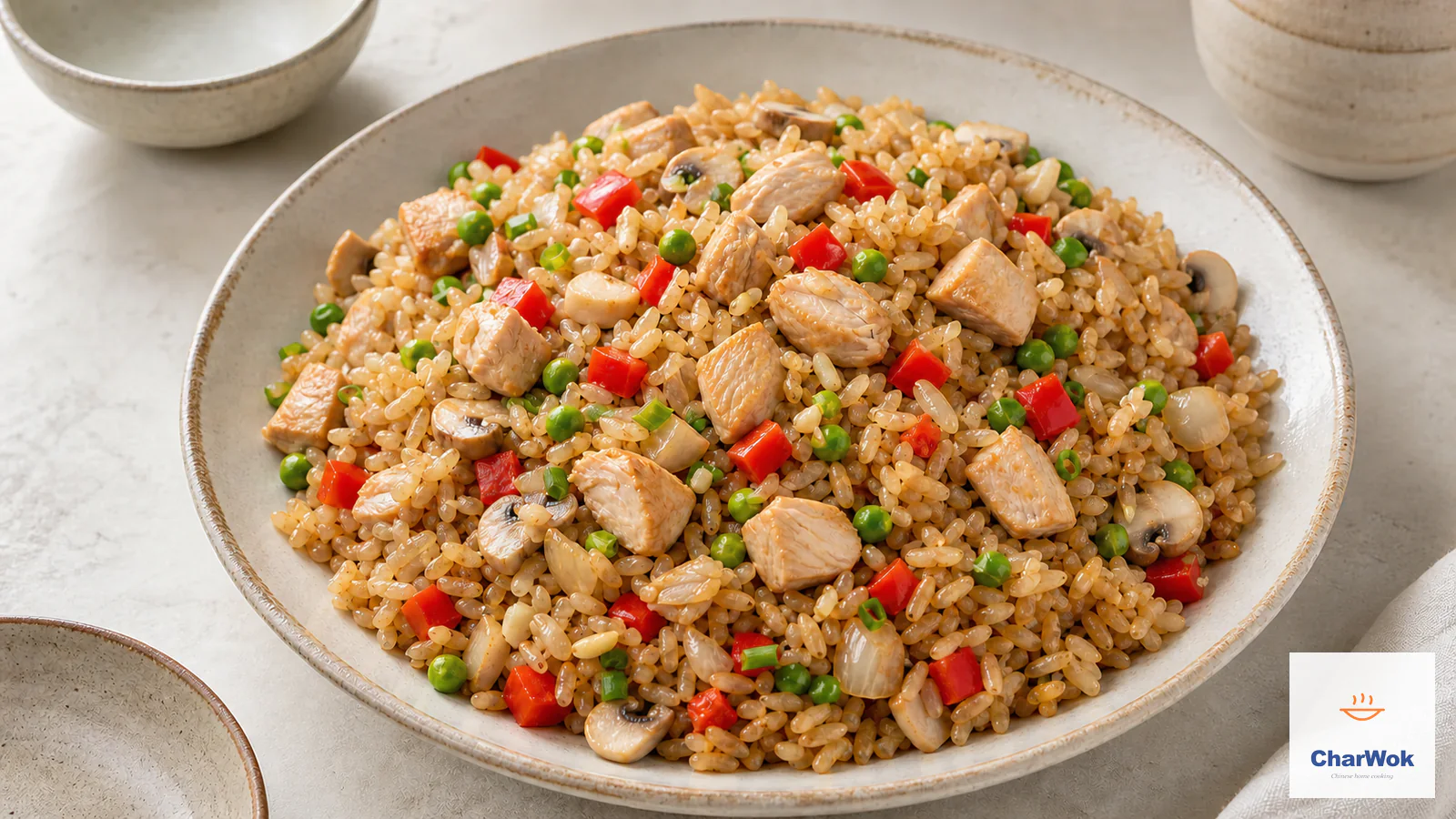 Separate-grain chicken fried rice with tender chicken, peas, red pepper, onion, and mushrooms