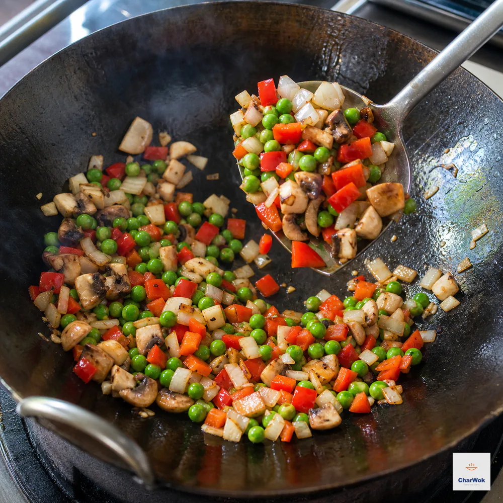 A wok spatula tosses bright peas, diced red bell pepper, onion, garlic, and button mushrooms in a dry hot carbon-steel wok
