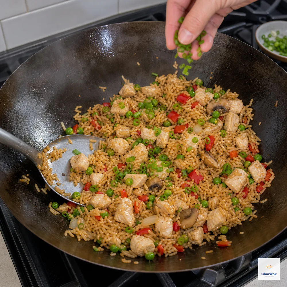 Tender chicken cubes are folded through dry separate-grain amber fried rice with peas, red pepper, onion, and mushrooms as chopped scallion is scattered in