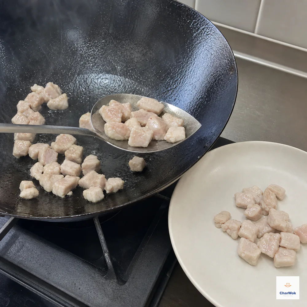 A wok spatula lifts pale moist chicken breast cubes from a hot carbon-steel wok while a few pieces already rest on a clean ivory plate