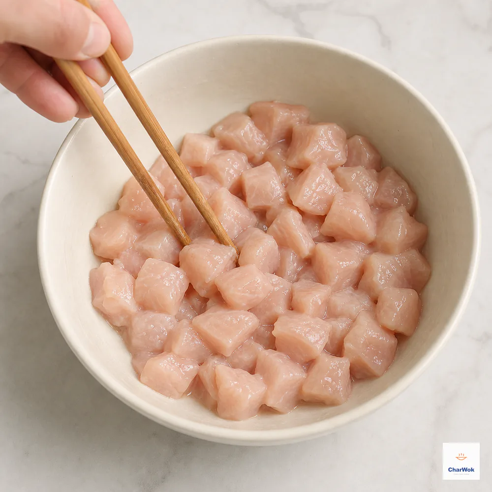 Chopsticks mix small raw chicken breast cubes until a thin moist cornstarch coating clings evenly with no dry powder or pooled liquid