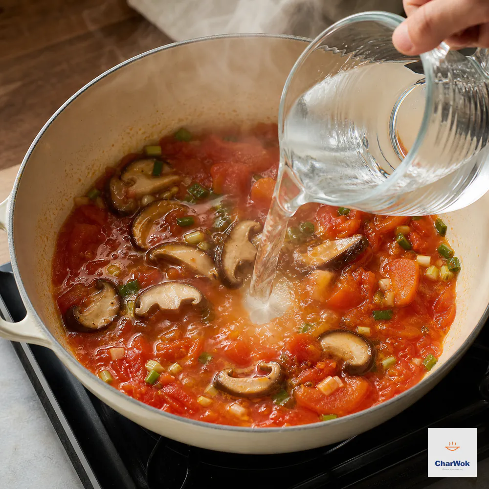 Clear hot water pours into a soft jammy mixture of ripe tomatoes, chopped scallion, and sliced shiitake before meatballs or noodles are added