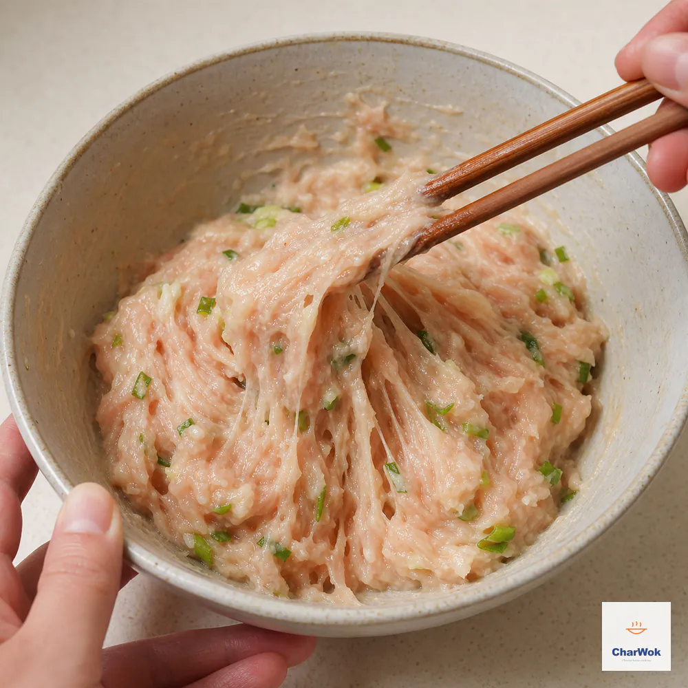 Wooden chopsticks lift pale scallion-flecked chicken mixture from a ceramic bowl in cohesive tacky strands after it has been beaten in one direction