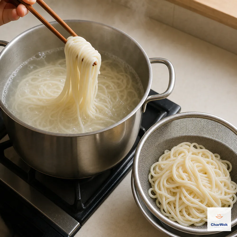 Plain white noodles boil in clear water in a separate stainless-steel pot while another portion drains in a fine mesh colander