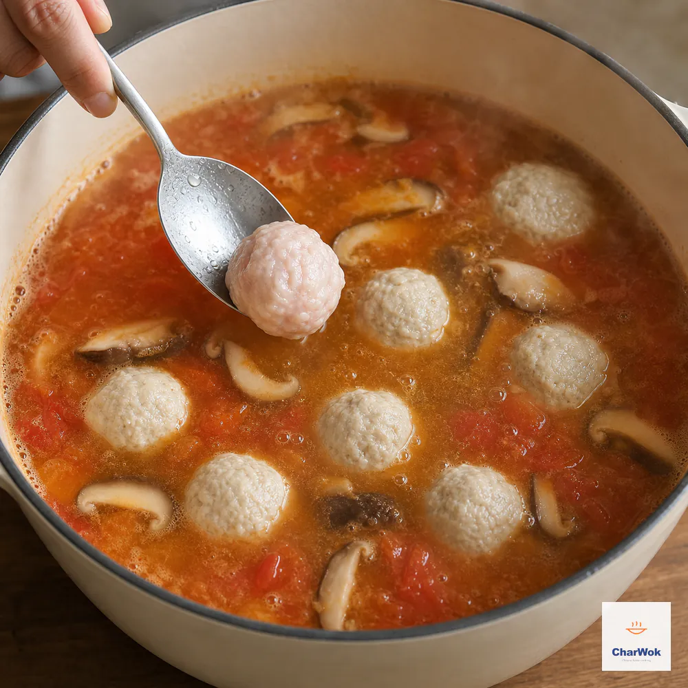 A spoon lowers a pale chicken meatball into gently moving tomato-shiitake broth with only small edge bubbles and no rolling boil