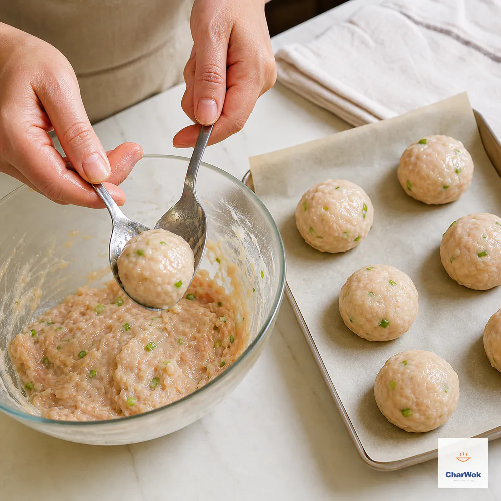 Two wet spoons gently shape sticky scallion-flecked raw chicken into a smooth walnut-size round beside evenly sized meatballs on parchment