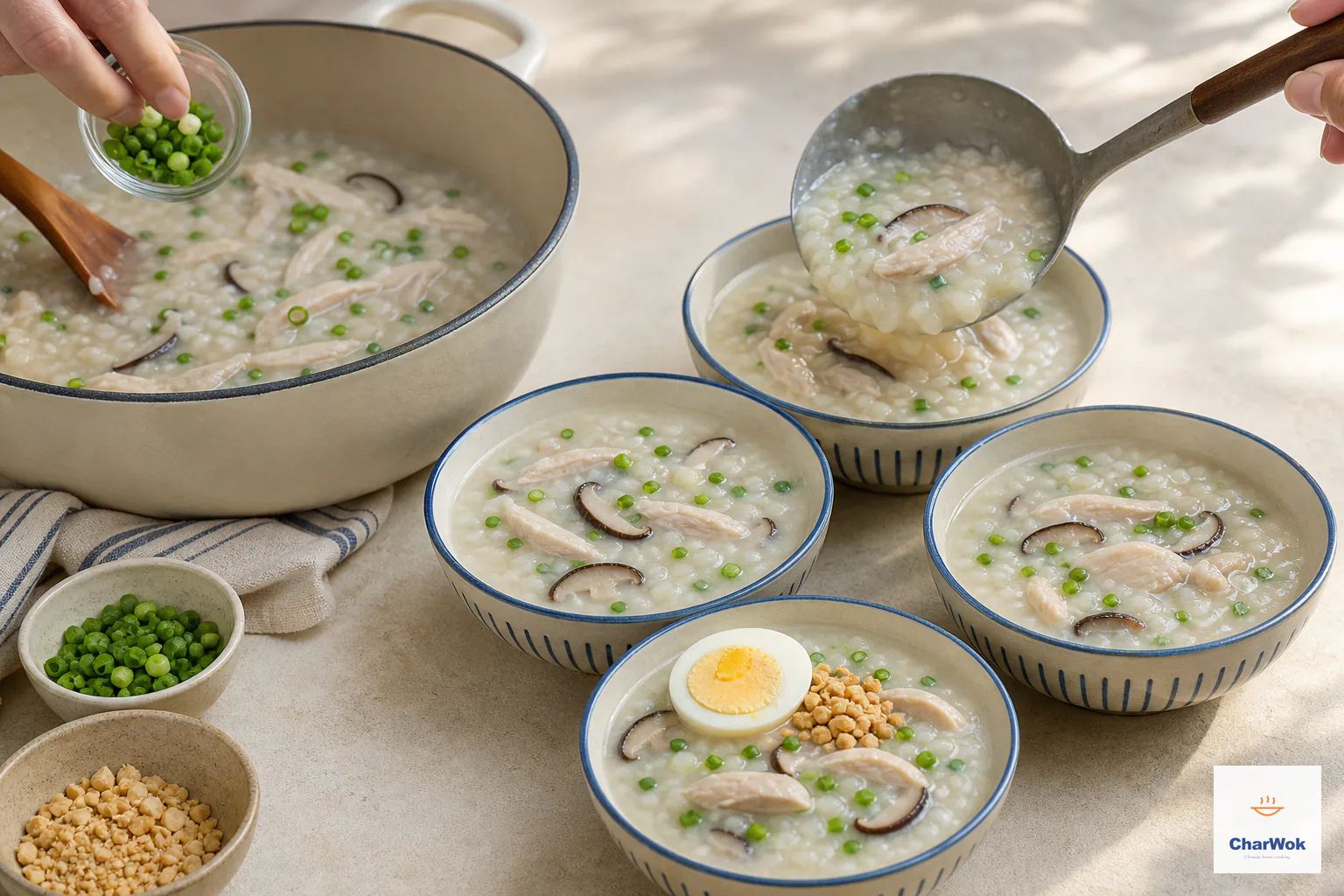 Scallions are stirred into creamy chicken and shiitake congee as it is ladled into four bowls, with the front bowl topped by half an egg and crushed toasted peanuts