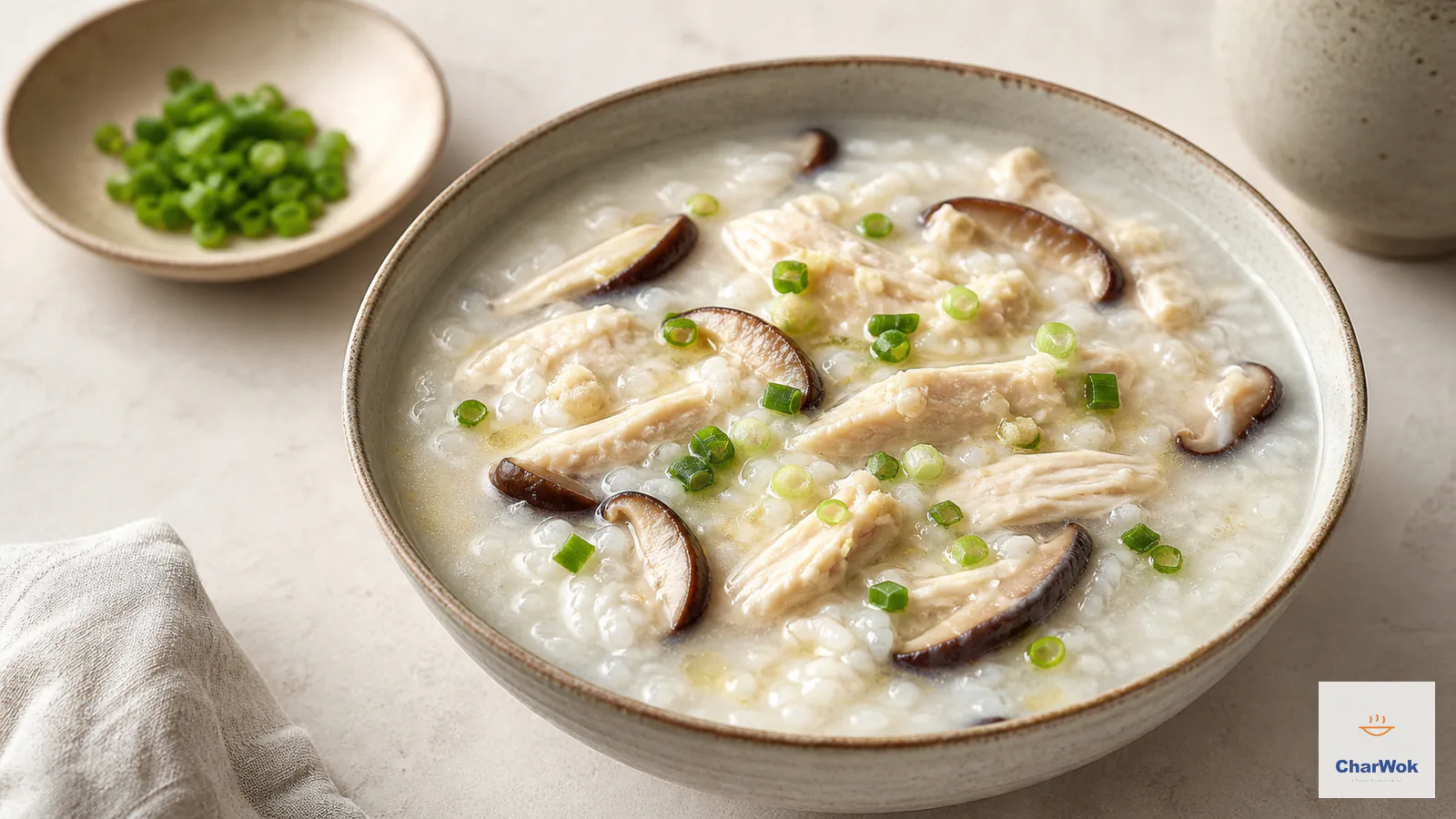Creamy chicken and shiitake congee with tender pale chicken strips, sliced mushrooms and scallions in a ceramic bowl
