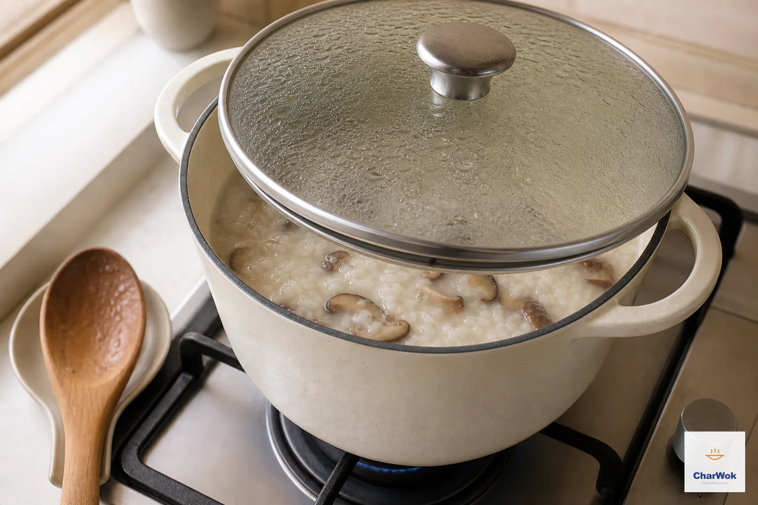 A glass lid leaves one narrow vent above rice and sliced shiitake murmuring over the smallest blue flame, with no rolling boil or scorching