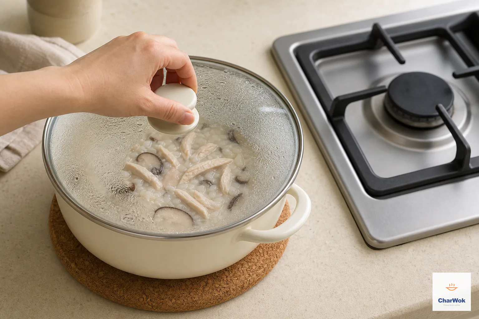 The lidded congee pot rests for one minute on a cork trivet beside a visibly off burner after the chicken has finished cooking