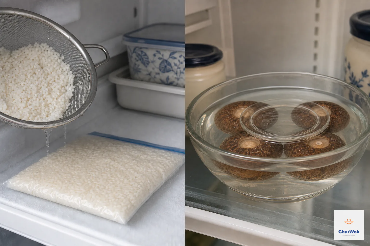 Two panels show damp short-grain rice draining before it is sealed flat on a freezer shelf, and four dried shiitake held fully under cold water in the refrigerator