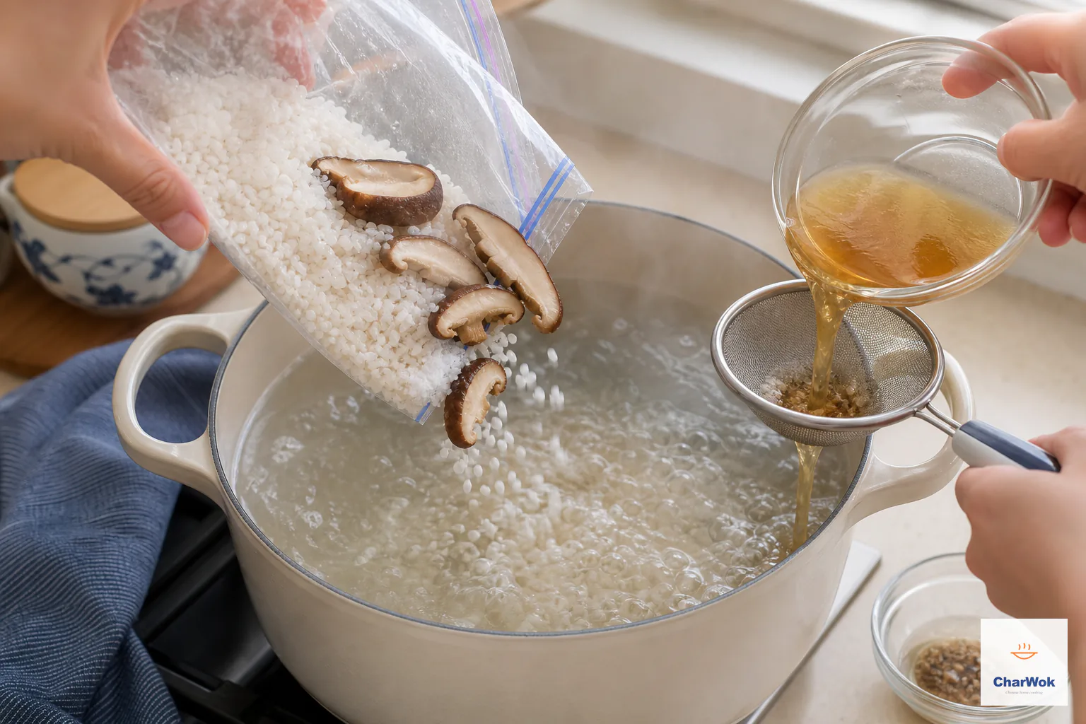 Frozen damp rice and sliced rehydrated shiitake tip into already-boiling water while pale mushroom soaking liquid is strained into the same pot and grit stays behind