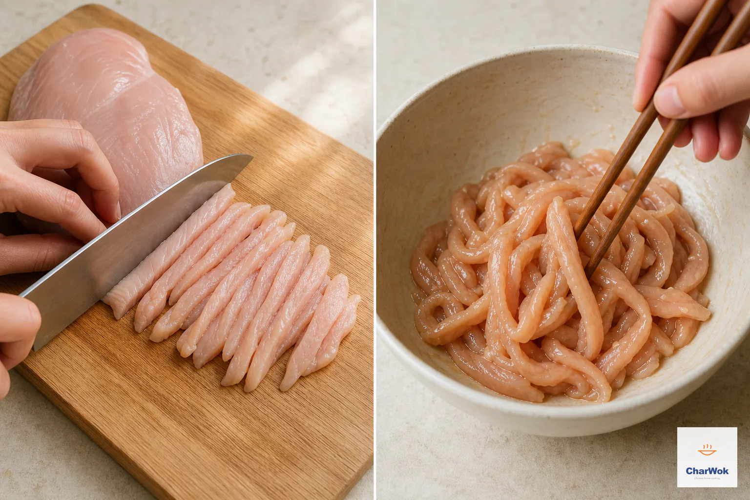 Two panels show a boneless chicken breast sliced into narrow strips across its visible grain, then tossed with the soy, oyster, wine, starch, oil and seasonings until lightly glossy