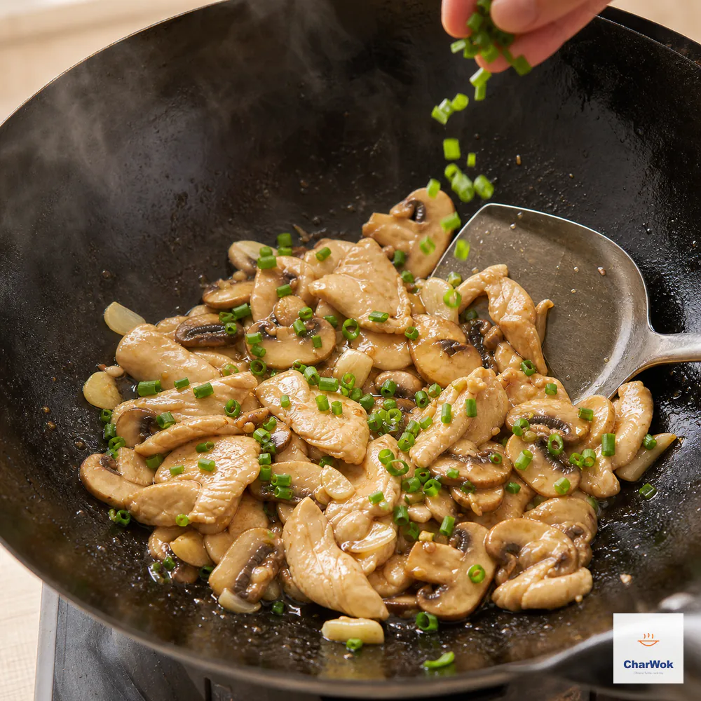 Finely chopped scallion falls over fully cooked thin chicken and sliced mushrooms in a translucent light-brown sauce, with an instant-read thermometer confirming 165°F (74°C)