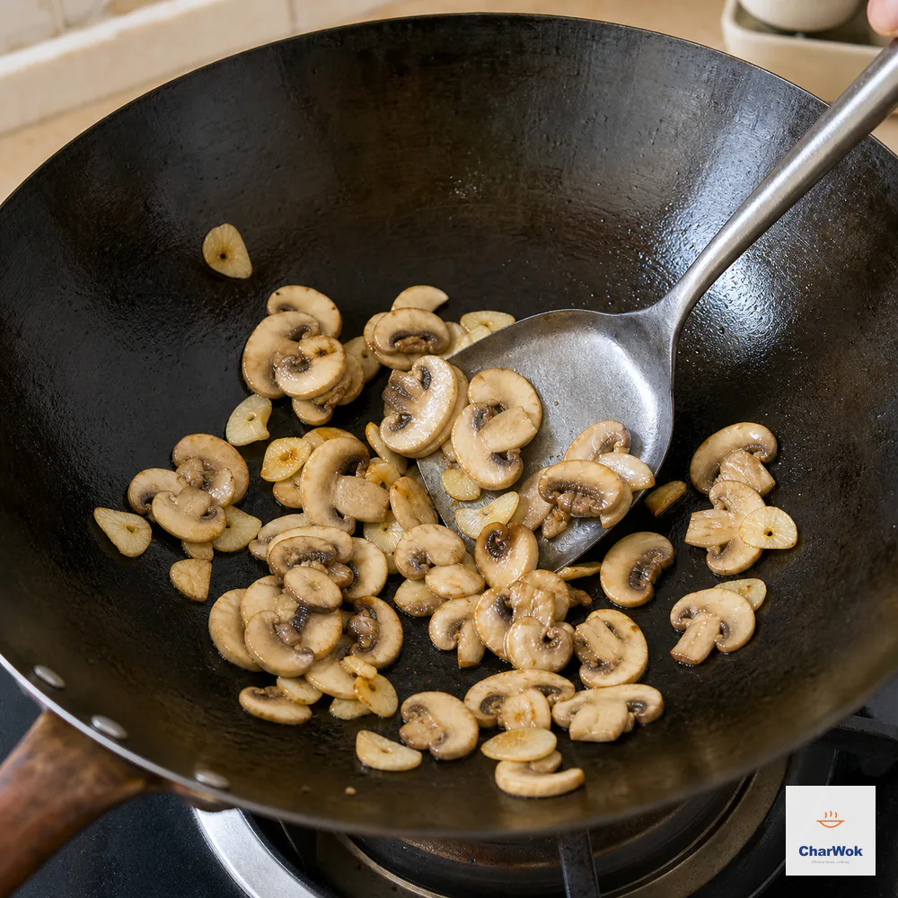 Sliced button mushrooms and pale-golden garlic are tossed in a hot dark wok after released moisture has evaporated and the oil sheen has returned