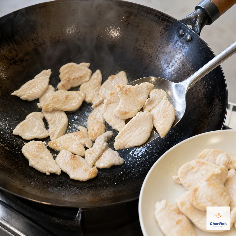 A wok spatula moves briefly seared thin chicken slices with light-golden edges to a clean plate while their centers remain intentionally undercooked
