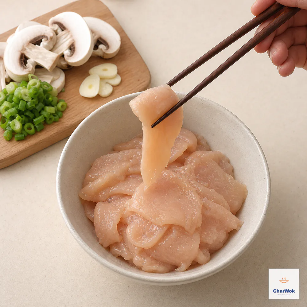 Chopsticks lift thin chicken breast slices evenly coated in an absorbed cornstarch-water velvet beside prepared sliced mushrooms, garlic, and scallion