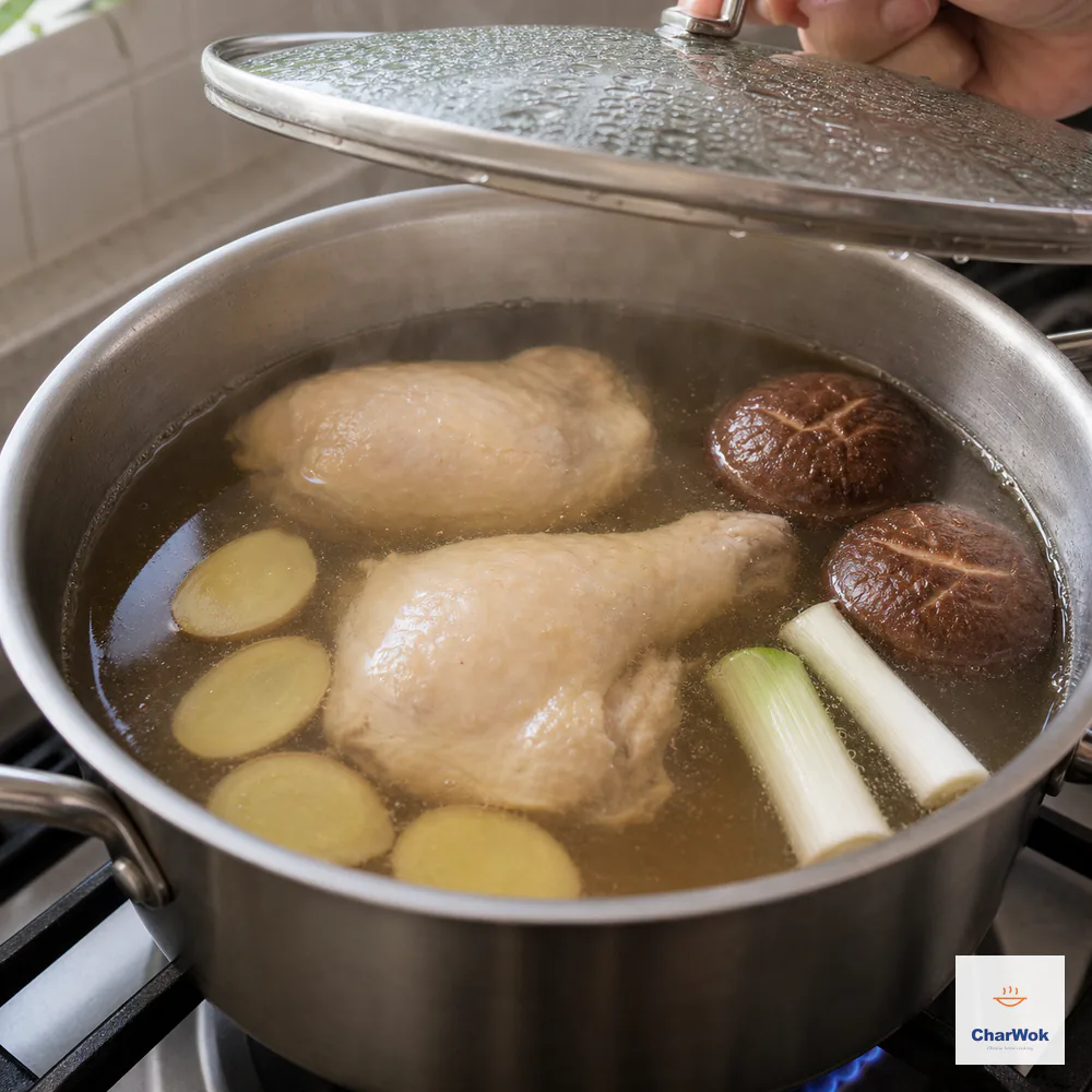 A condensed glass lid is lifted over clear golden broth with intact chicken legs, shiitake, four ginger slices, and two scallion whites at a calm bare simmer