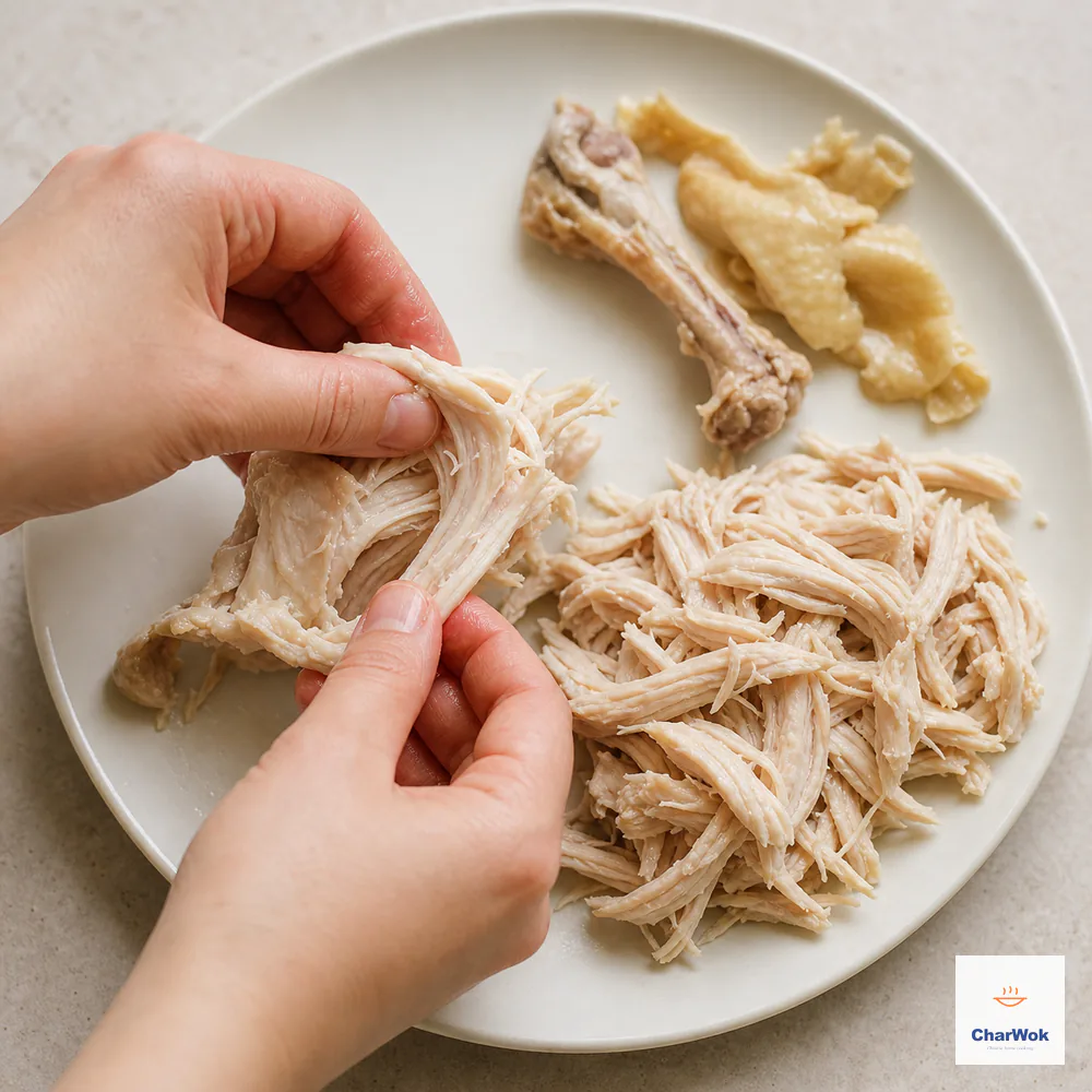 Clean hands tear fully cooked skinless chicken thigh meat along the grain into long moist shreds beside a stripped bone and discarded skin