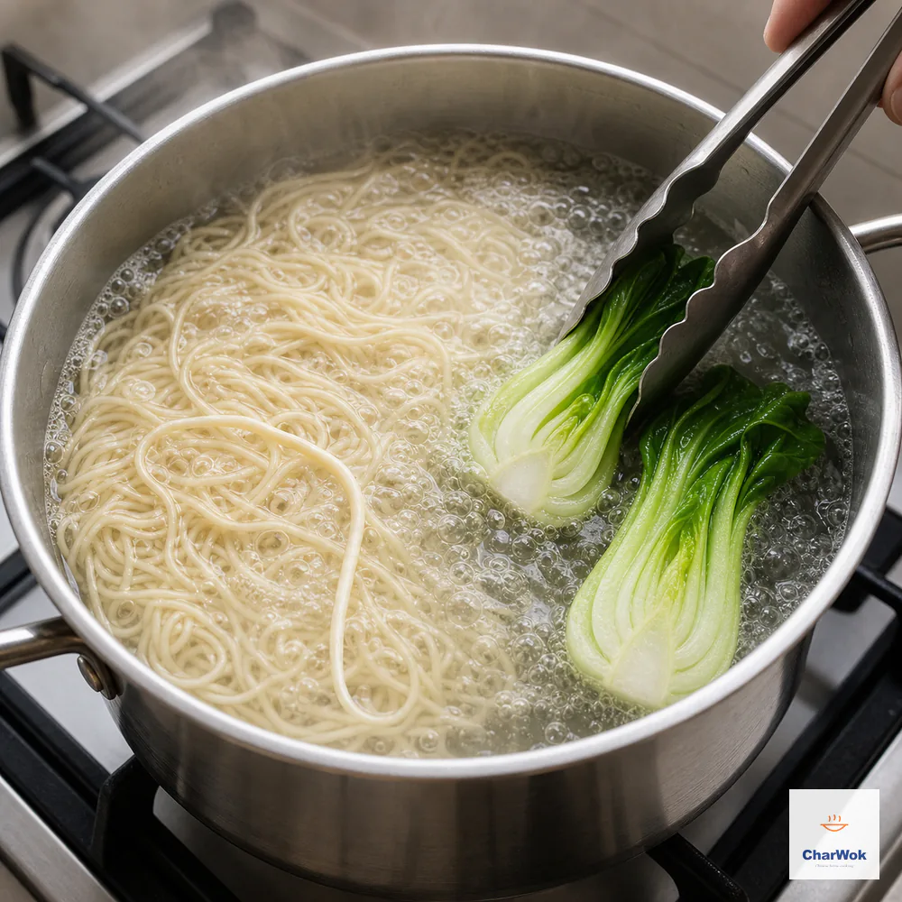 Thin wheat noodles boil in a separate saucepan of clear water while tongs lower two halved baby bok choy for the final quick blanch