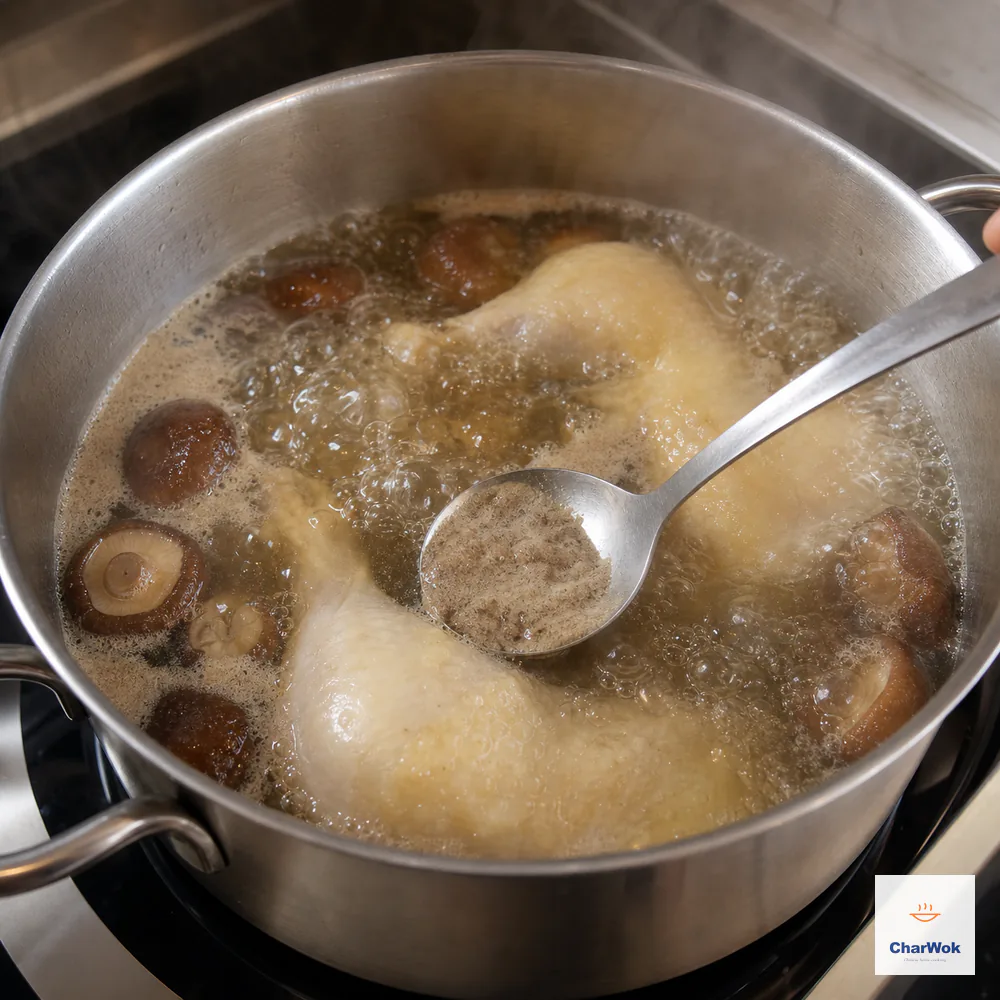 A metal spoon removes grey-brown protein foam from the first full boil of chicken legs and rehydrated shiitake in translucent mushroom soaking water