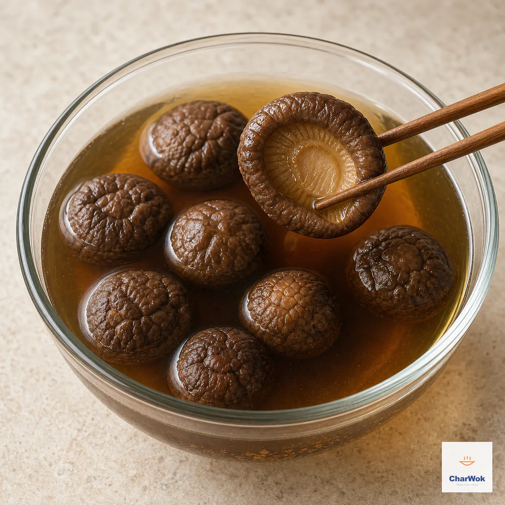 Chopsticks lift one thick softened shiitake above deep-brown soaking water while seven other rehydrated caps remain visible in a clear glass bowl