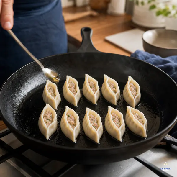 Exactly ten pale uncooked chicken potstickers stand upright in two countable rows of five as neutral oil is spread across a hot dark skillet