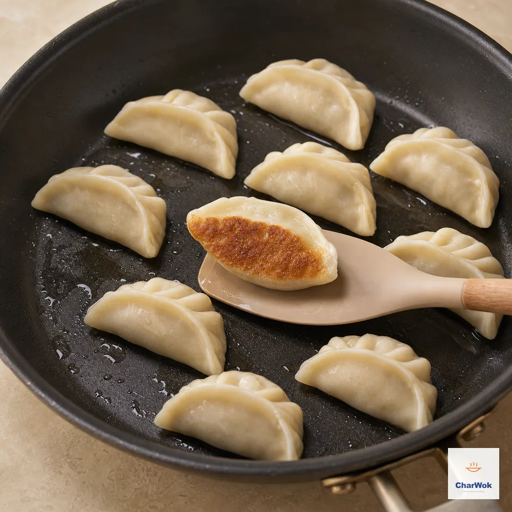 A silicone spatula lifts one chicken potsticker in an oiled nonstick pan to show an evenly deep-golden flat base before any slurry is added