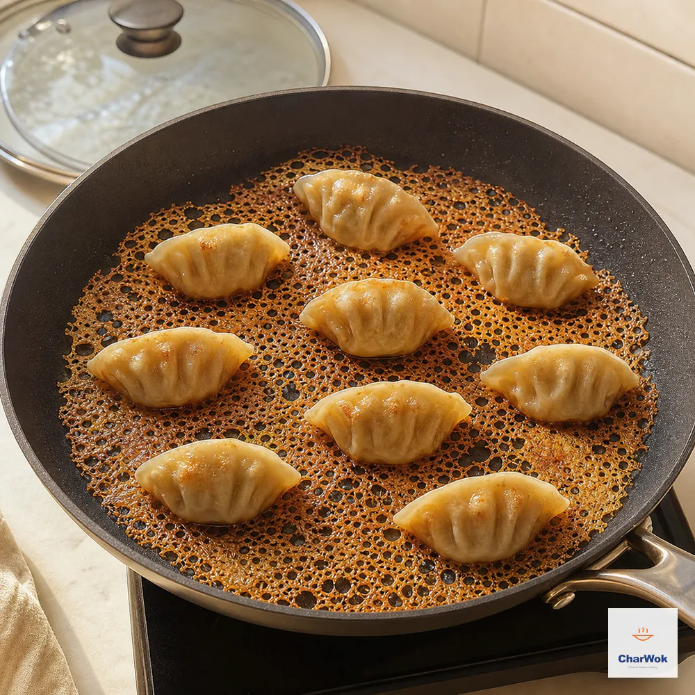 Ten cooked chicken potstickers sit on one completely dry deep-golden lacy skirt in an uncovered skillet with the lid resting behind it