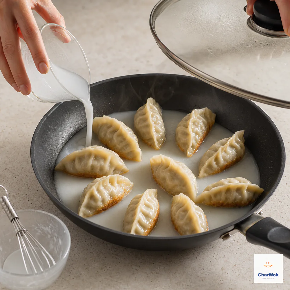Smooth freshly whisked white skirt slurry pours around ten golden-bottomed chicken potstickers to one-third of their height while a glass lid waits above the pan
