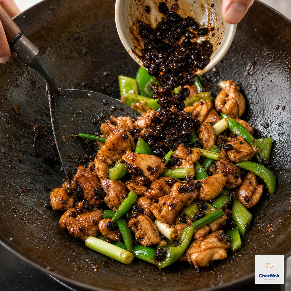 Chunky fermented black bean sauce tips into a wok of chicken, scallions, and green pepper as a spatula tosses the fully cooked pieces in a thin glossy glaze