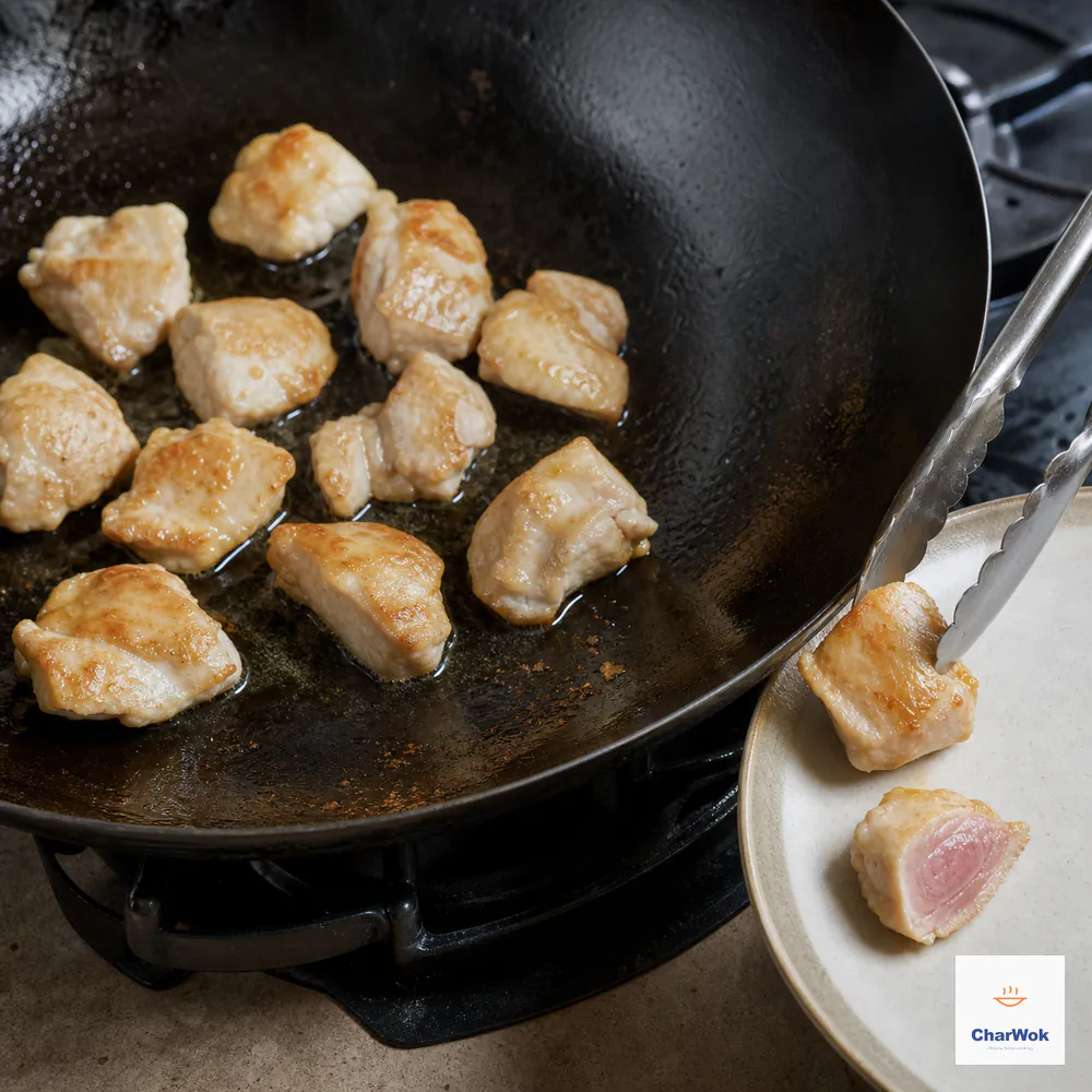 Tongs transfer chicken after a partial first sear to a clean plate while one cut cube shows the intentionally undercooked center before final cooking