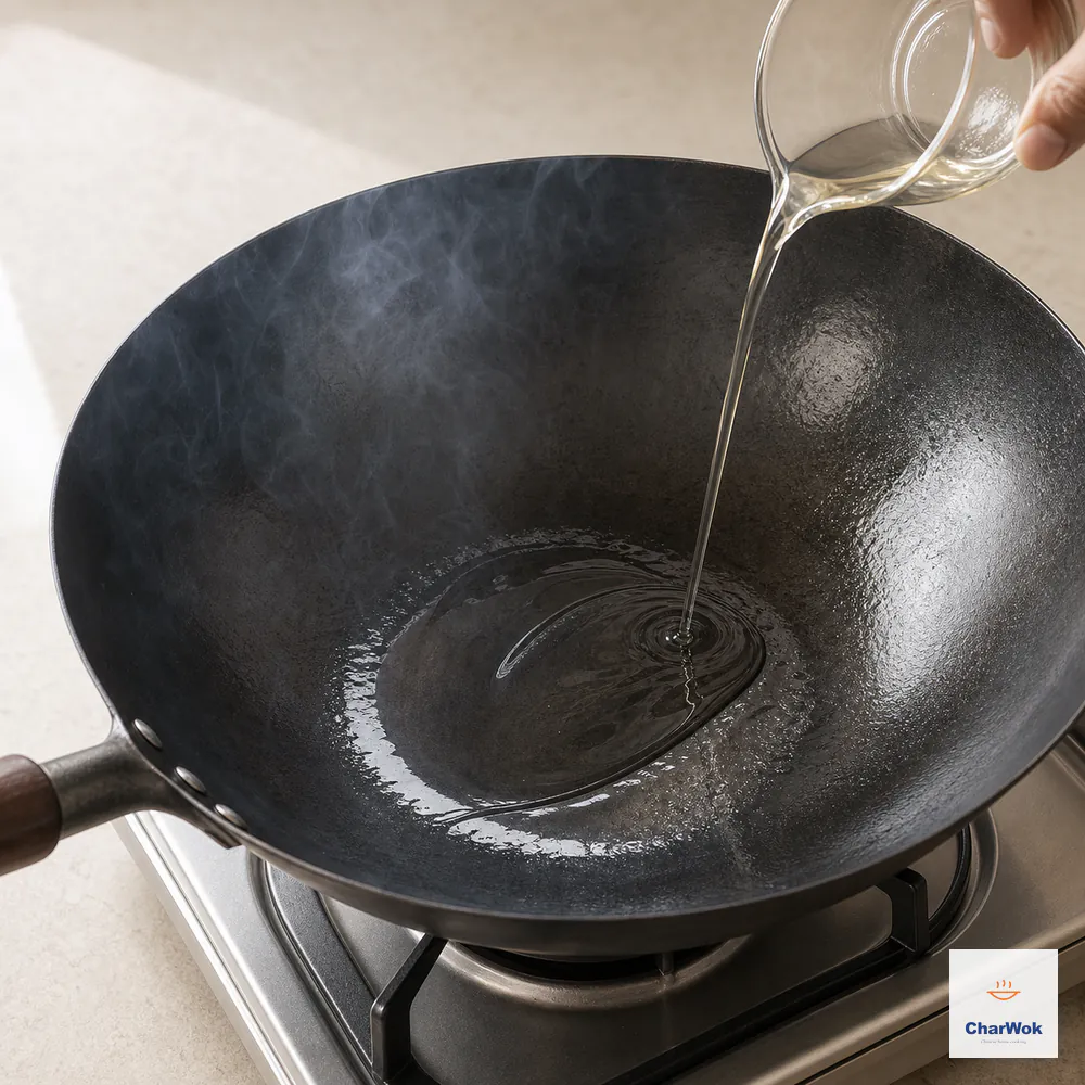 One tablespoon neutral oil coats a preheated carbon-steel wok with a shimmering surface and no visible smoke