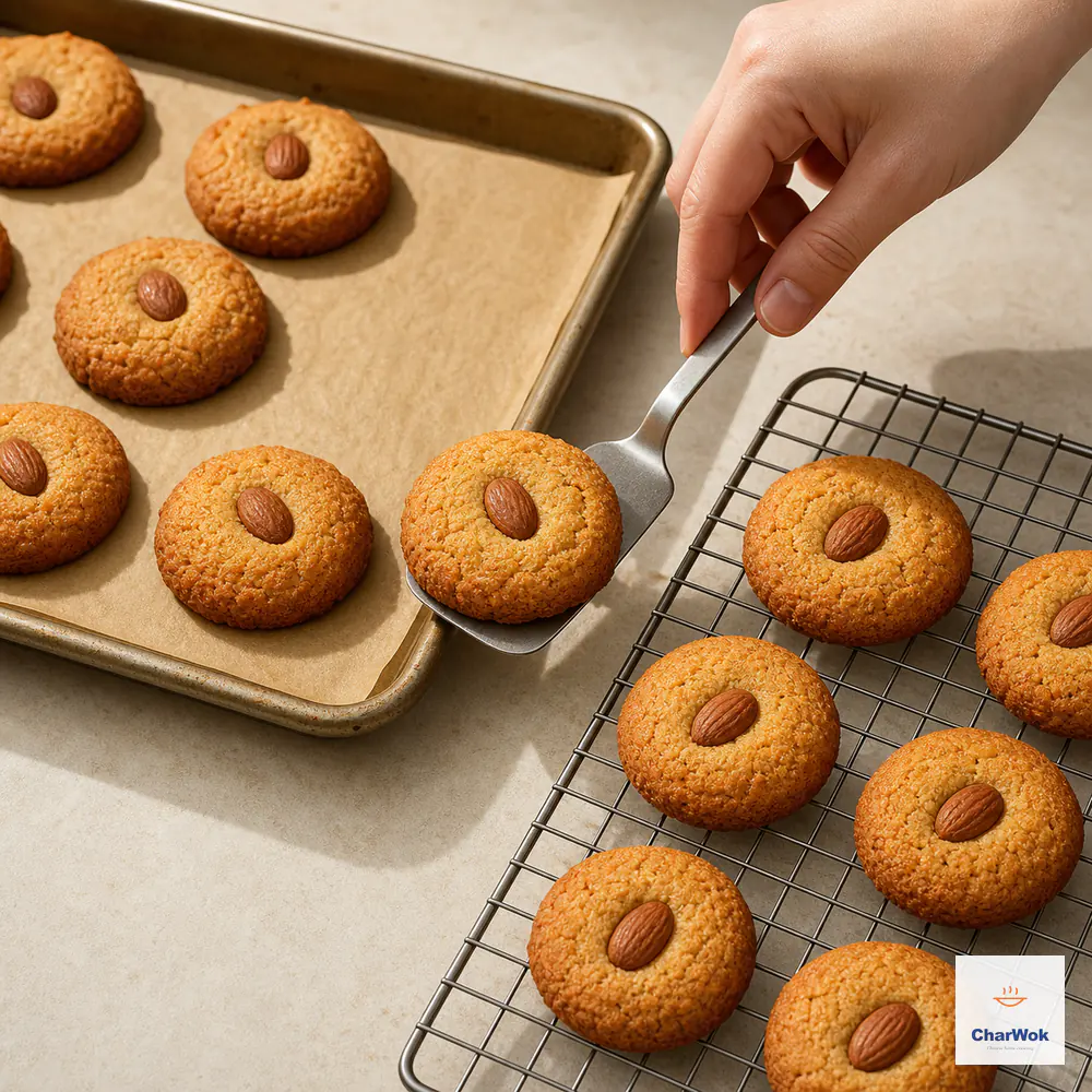 A small spatula transfers an evenly warm-golden whole-almond cookie with light-brown edges from a parchment-lined tray to a wire cooling rack