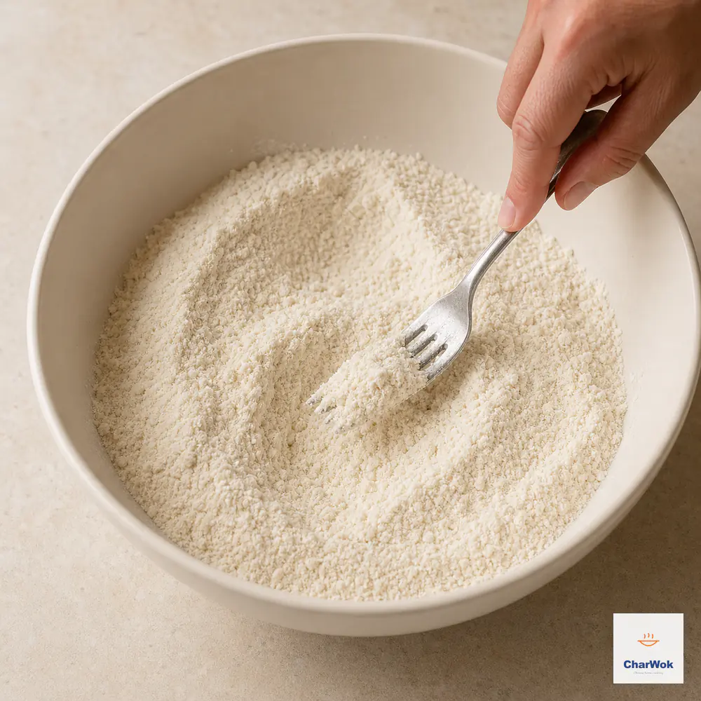 A fork thoroughly mixes all-purpose flour, almond flour, sugar, baking powder, baking soda, and salt into an even pale dry mixture with no separate piles or lumps